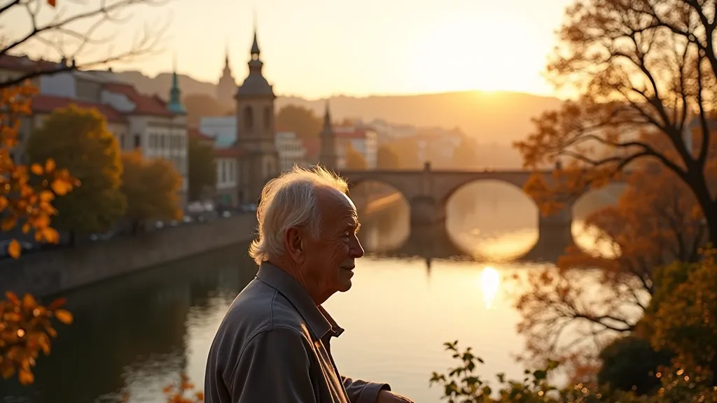 Staroměstský most a Vltava pod Letnou, podzimní slunce osvětluje město, detail architektura Prahy