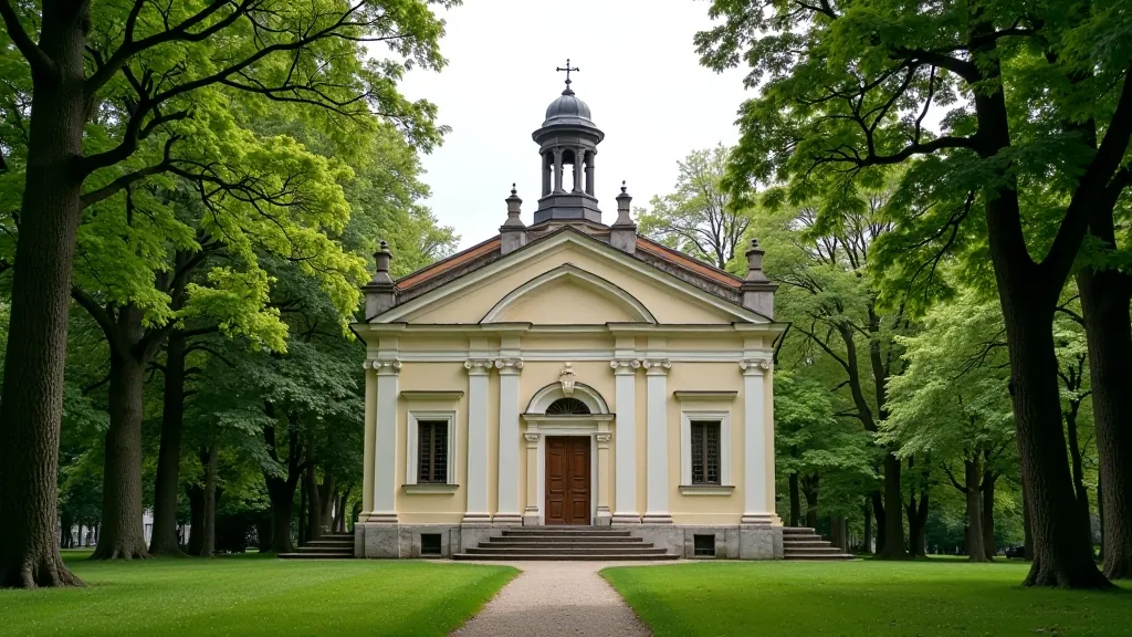 Historický klášter nebo budova v parku Stromovka obklopená stromy, klasická architektura