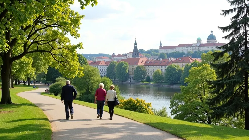 Letná park v Praze s výhledem na Vltavu a starou Prahu v pozadí