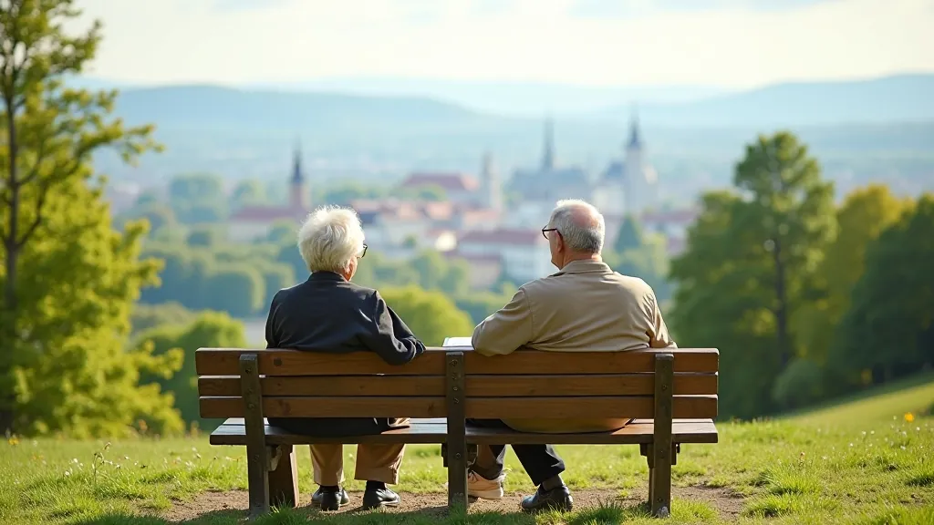 Dřevěné lavičky na Letenské pláni s výhledem na Prahu, starší návštěvníci sedí a pozorují panorama